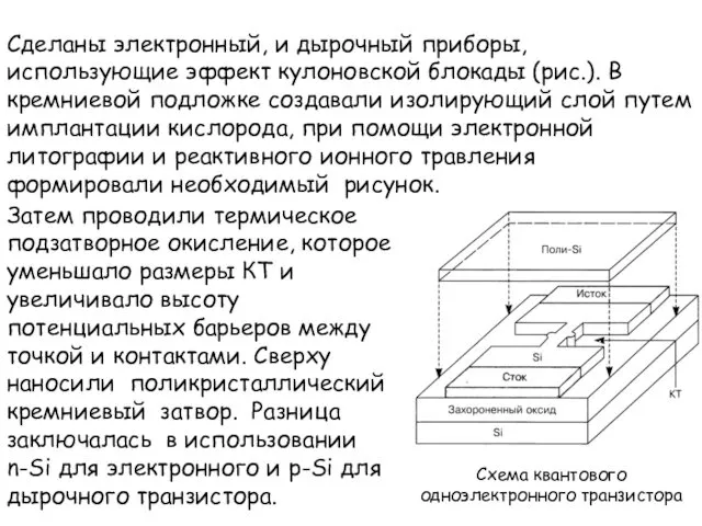 Схема квантового одноэлектронного транзистора Сделаны электронный, и дырочный приборы, использующие