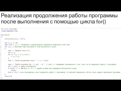 Реализация продолжения работы программы после выполнения с помощью цикла for()