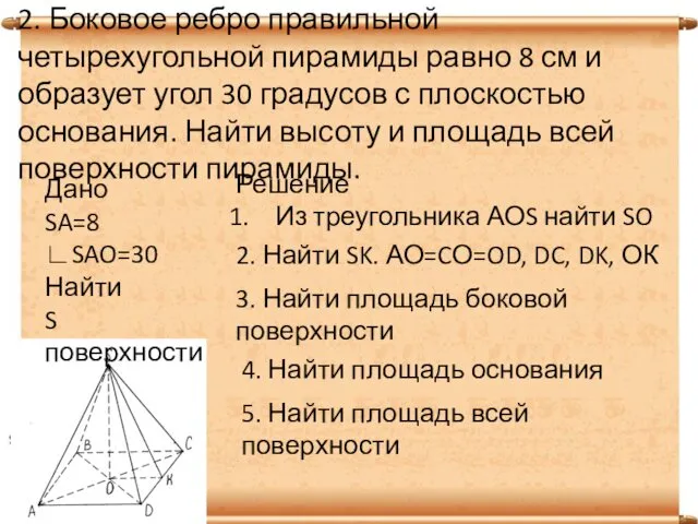 2. Боковое ребро правильной четырехугольной пирамиды равно 8 см и образует угол 30