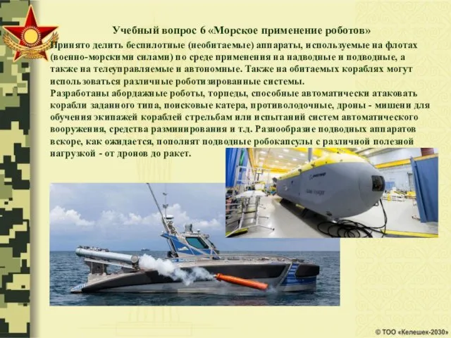 Учебный вопрос 6 «Морское применение роботов» Принято делить беспилотные (необитаемые)