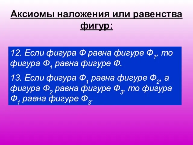 Аксиомы наложения или равенства фигур: 12. Если фигура Ф равна