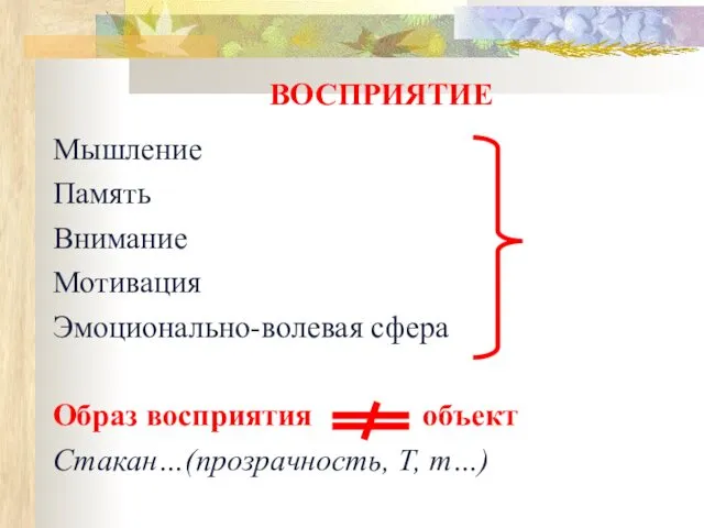 ВОСПРИЯТИЕ Мышление Память Внимание Мотивация Эмоционально-волевая сфера Образ восприятия объект Стакан…(прозрачность, Т, m…)