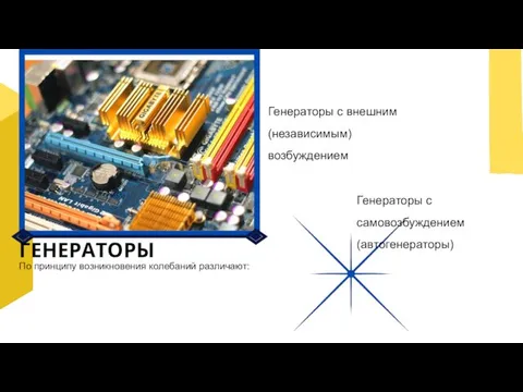 Генераторы с внешним (независимым) возбуждением Генераторы с самовозбуждением (автогенераторы) ГЕНЕРАТОРЫ По принципу возникновения колебаний различают: