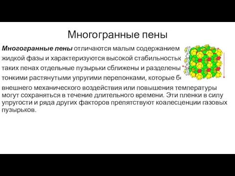 Многогранные пены Многогранные пены отличаются малым содержанием жидкой фазы и