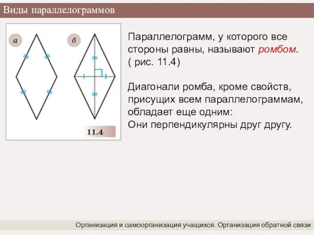 Виды параллелограммов Организация и самоорганизация учащихся. Организация обратной связи Параллелограмм,