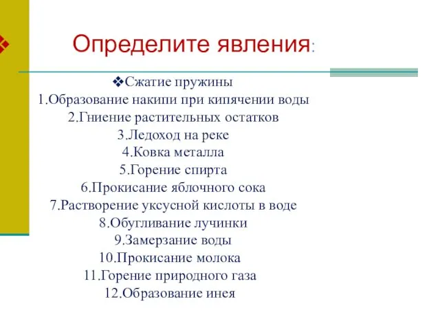 Определите явления: Сжатие пружины Образование накипи при кипячении воды Гниение