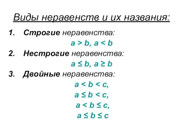 Виды неравенств и их названия: Строгие неравенства: a > b,