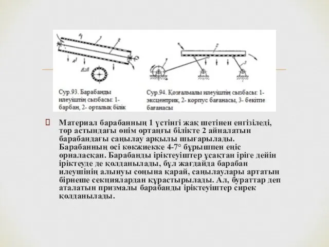 Материал барабанның 1 үстінгі жақ шетінен енгізіледі, тор астындағы өнім