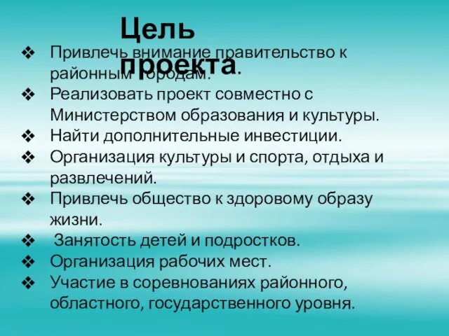 Цель проекта. Привлечь внимание правительство к районным городам. Реализовать проект