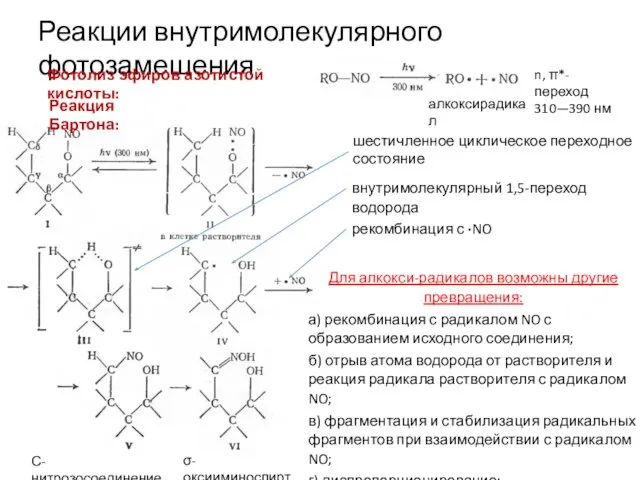 Реакции внутримолекулярного фотозамещения Фотолиз эфиров азотистой кислоты: n, π*-переход 310—390