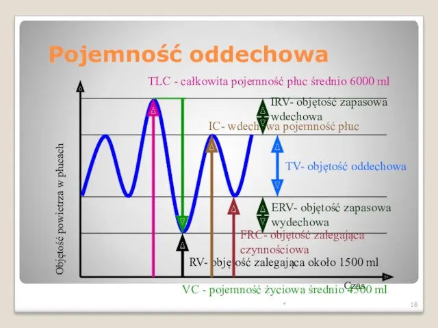 * Pojemność oddechowa Objętość powietrza w płucach Czas TV- objętość oddechowa IRV- objętość