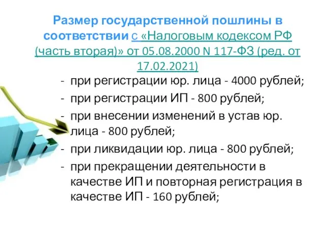 Размер государственной пошлины в соответствии с «Налоговым кодексом РФ (часть
