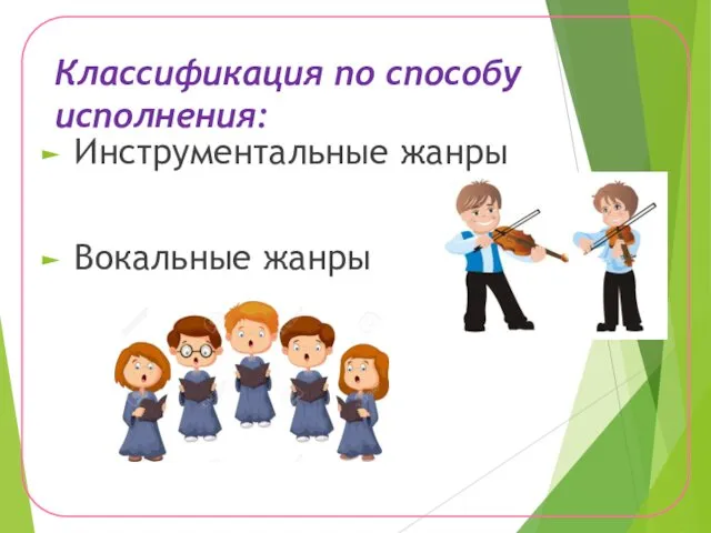 Классификация по способу исполнения: Инструментальные жанры Вокальные жанры