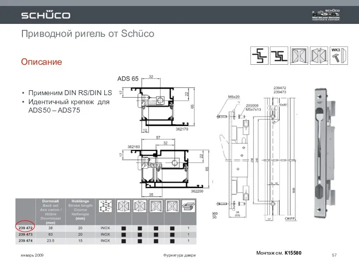 январь 2009 Приводной ригель от Schüco Описание Применим DIN RS/DIN