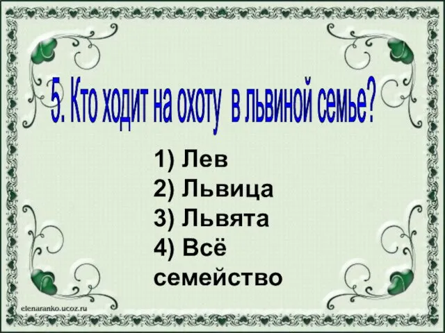 1) Лев 2) Львица 3) Львята 4) Всё семейство 5.