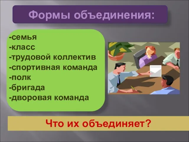 семья класс трудовой коллектив спортивная команда полк бригада дворовая команда Что их объединяет? Формы объединения: