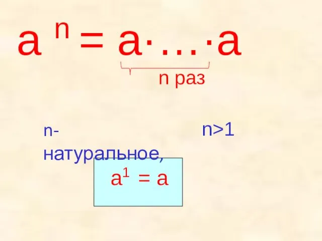 a n = a·…·a n раз n- натуральное, n>1 а1 = а