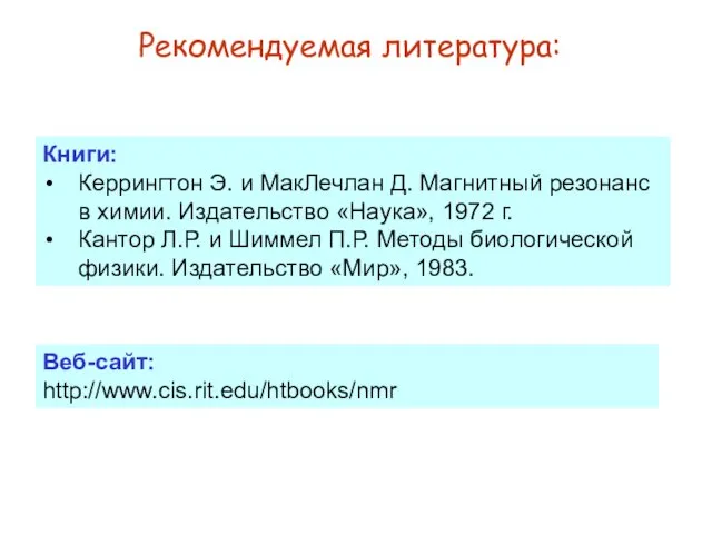 Рекомендуемая литература: Книги: Керрингтон Э. и МакЛечлан Д. Магнитный резонанс