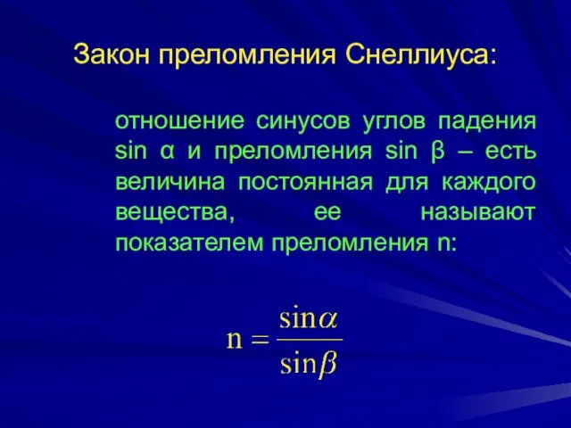 Закон преломления Снеллиуса: отношение синусов углов падения sin α и