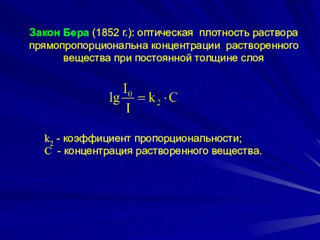 Закон Бера (1852 г.): оптическая плотность раствора прямопропорциональна концентрации растворенного