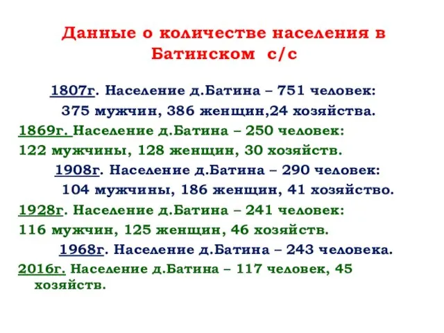 Данные о количестве населения в Батинском с/с 1807г. Население д.Батина