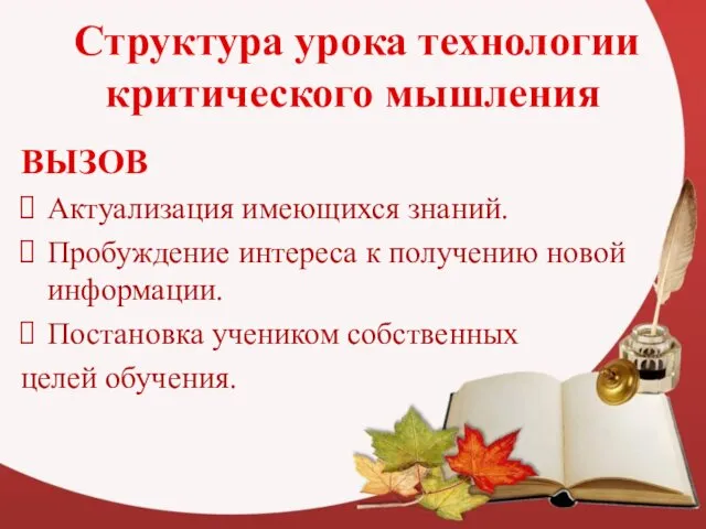 Структура урока технологии критического мышления ВЫЗОВ Актуализация имеющихся знаний. Пробуждение