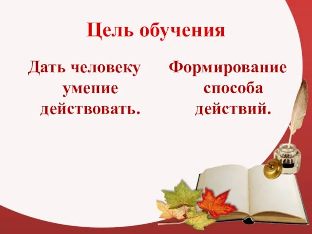 Цель обучения Дать человеку умение действовать. Формирование способа действий.