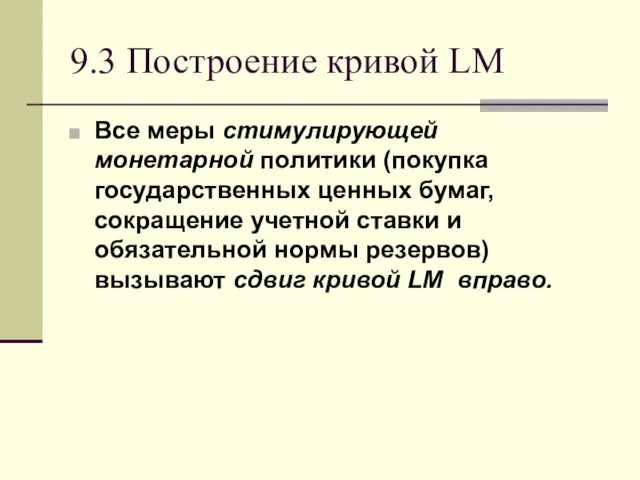 9.3 Построение кривой LM Все меры стимулирующей монетарной политики (покупка