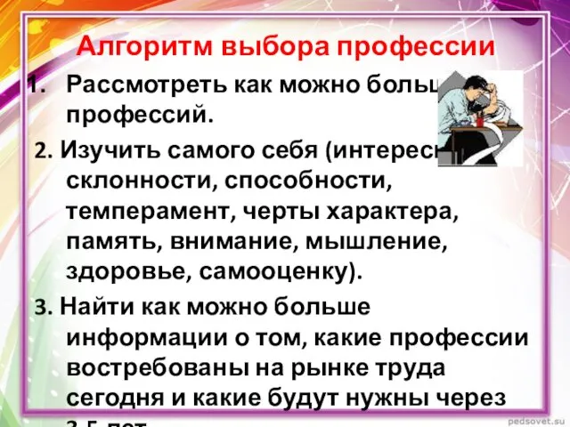 Алгоритм выбора профессии Рассмотреть как можно больше профессий. 2. Изучить