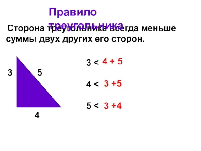 Сторона треугольника всегда меньше суммы двух других его сторон. Правило