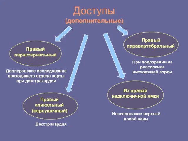 Доступы (дополнительные) Правый парастернальный Правый апикальный (верхушечный) Из правой надключичной