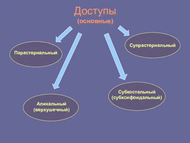 Доступы (основные) Парастернальный Апикальный (верхушечный) Субкостальный (субксифоидальный) Супрастернальный