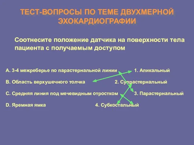 ТЕСТ-ВОПРОСЫ ПО ТЕМЕ ДВУХМЕРНОЙ ЭХОКАРДИОГРАФИИ Соотнесите положение датчика на поверхности