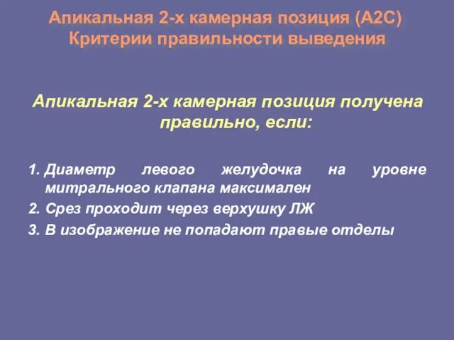 Апикальная 2-х камерная позиция (А2С) Критерии правильности выведения Апикальная 2-х