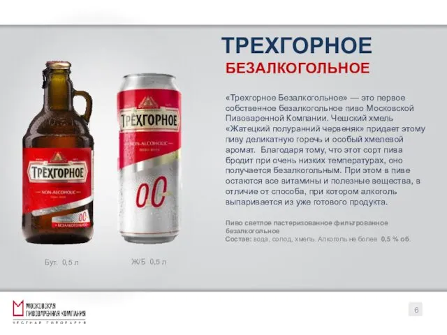 «Трехгорное Безалкогольное» — это первое собственное безалкогольное пиво Московской Пивоваренной Компании. Чешский хмель