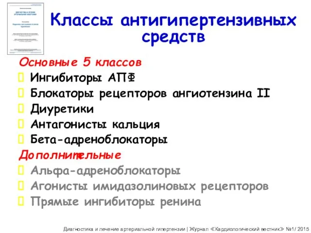 Классы антигипертензивных средств Основные 5 классов Ингибиторы АПФ Блокаторы рецепторов