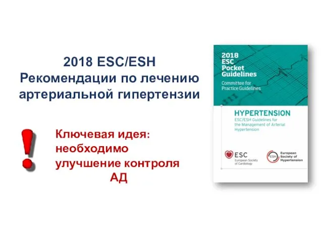 2018 ESC/ESH Рекомендации по лечению артериальной гипертензии Ключевая идея: необходимо улучшение контроля АД