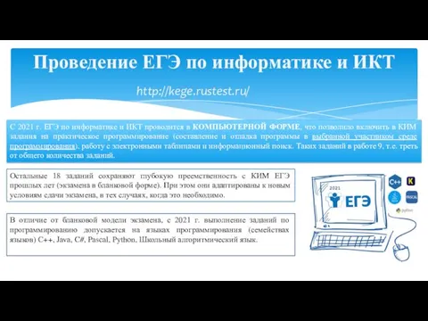 Проведение ЕГЭ по информатике и ИКТ Остальные 18 заданий сохраняют