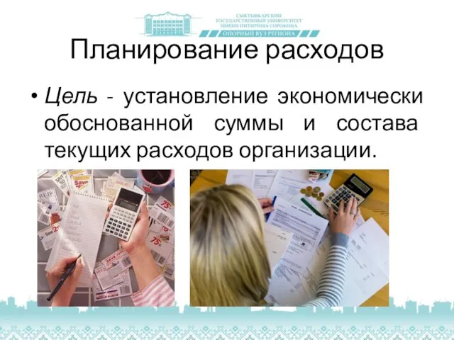 Планирование расходов Цель - установление экономически обоснованной суммы и состава текущих расходов организации.