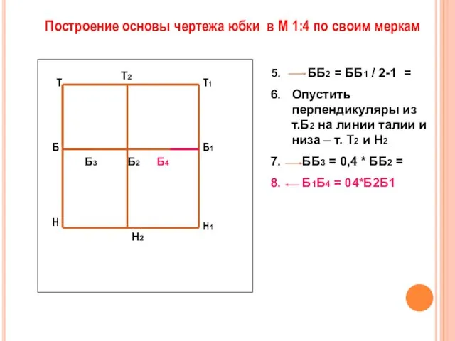 ББ2 = ББ1 / 2-1 = Опустить перпендикуляры из т.Б2 на линии талии