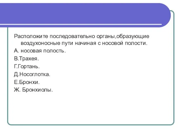 Расположите последовательно органы,образующие воздухоносные пути начиная с носовой полости. А. носовая полость. В.Трахея.