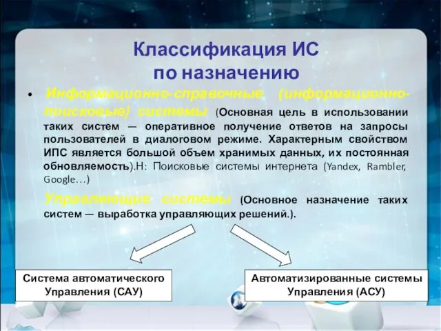 Классификация ИС по назначению Информационно-справочные (информационно-поисковые) системы (Основная цель в