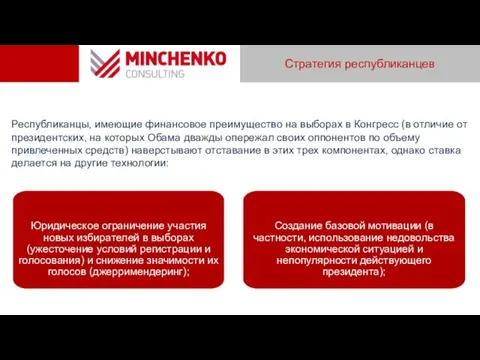 Стратегия республиканцев Республиканцы, имеющие финансовое преимущество на выборах в Конгресс (в отличие от