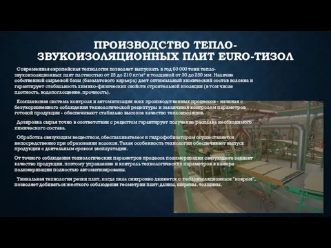 ПРОИЗВОДСТВО ТЕПЛО-ЗВУКОИЗОЛЯЦИОННЫХ ПЛИТ EURO-ТИЗОЛ Современная европейская технология позволяет выпускать в