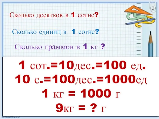 Сколько десятков в 1 сотне? 1 сот.=10дес.=100 ед. 10 с.=100дес.=1000ед 1 кг =