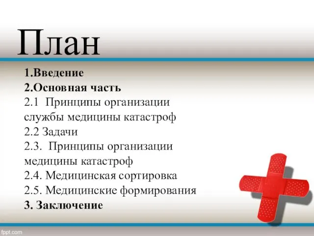 План 1.Введение 2.Основная часть 2.1 Принципы организации службы медицины катастроф 2.2 Задачи 2.3.