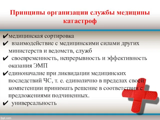 Принципы организации службы медицины катастроф медицинская сортировка взаимодействие с медицинскими силами других министерств