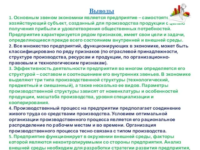 Выводы 1. Основным звеном экономики является предприятие – самостоятельный хозяйствующий