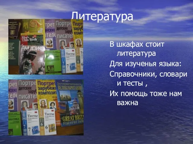 Литература В шкафах стоит литература Для изученья языка: Справочники, словари