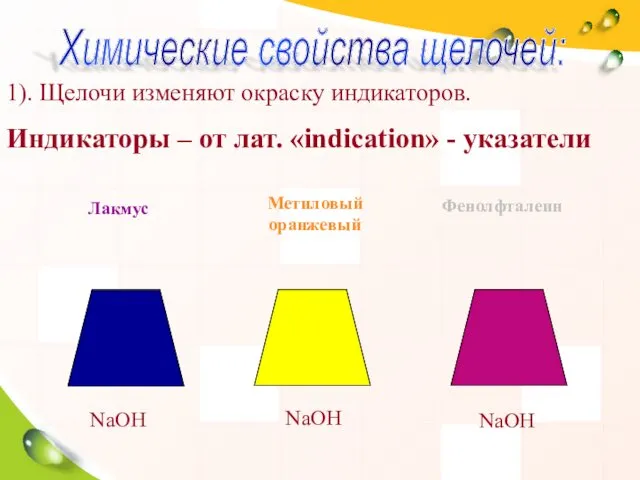 1). Щелочи изменяют окраску индикаторов. Индикаторы – от лат. «indication»